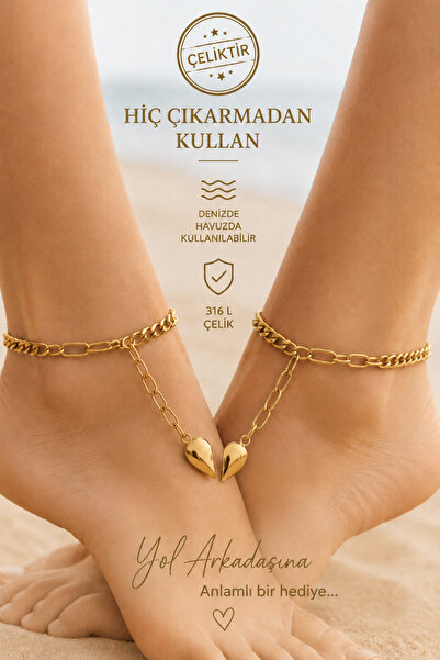 Sacce Scarves&Accessories 316 L Steel Half Heart Detailed Anklet Set of 2 Mea...