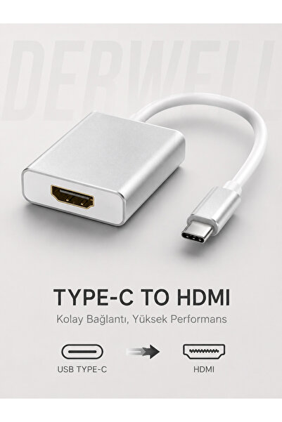 Derwell Type-C to HDMI Dönüştürücü Adaptör Kablosu | Telefon Tablet Bilgisaya...