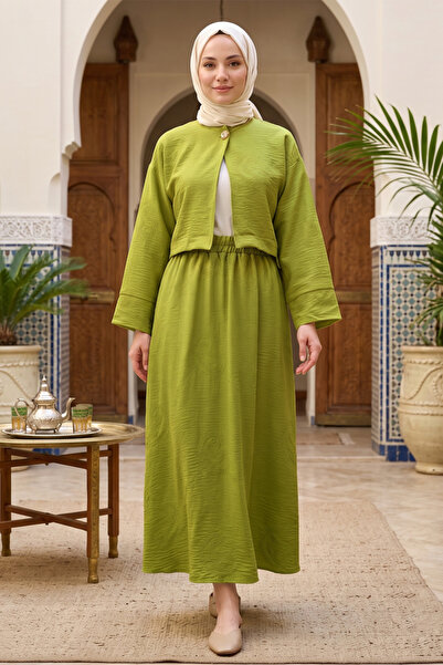FERHEL Set kimono și fustă brodate cu un singur nasture pentru femei - Verde ...