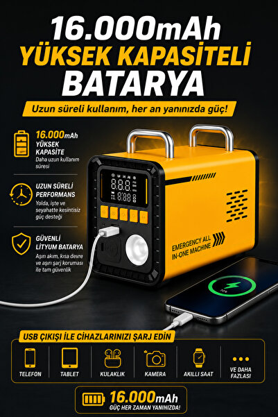 Merwish Akü Takviye 1600A 16.000mAh 150 PSI Hava Kompresörü Powerbank LED Fener Basınçlı Üfleme 4'ü 1 Arada