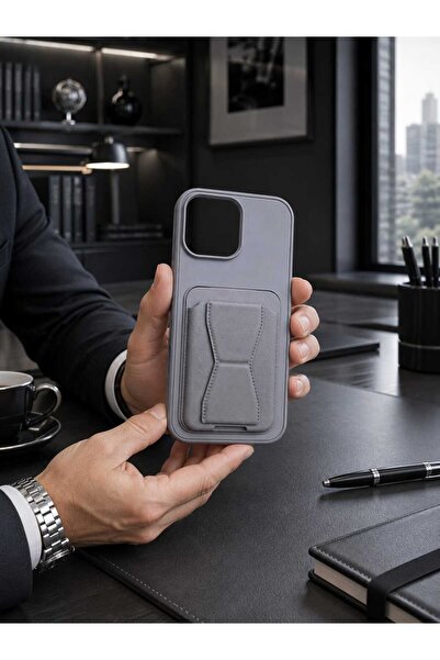 Case I PHONE 15 PROMAX Uyumlu Gri Premium Deri Kartlıklı Telefon Kılıfı | Sta...