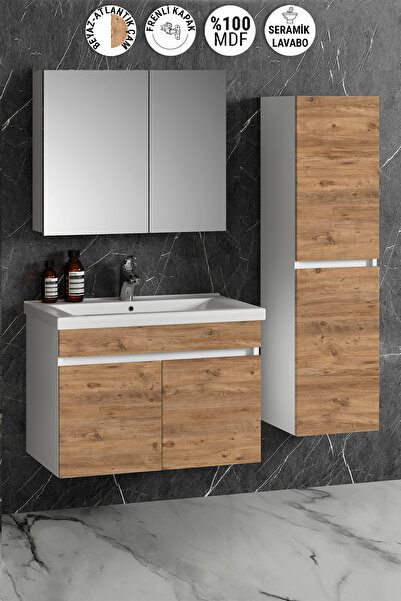 ÖZCEDEN Çiğdem 80+35 cm Beyaz-Atlantik Çam MDF Seramik Lavabolu Asma Banyo Do...