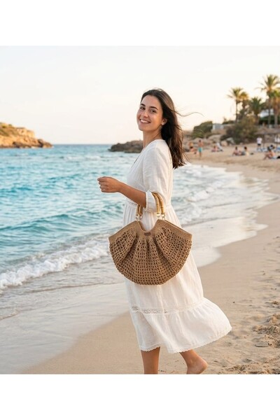 İPEK YÜN İPLİK DÜNYASI Wicker Hand Knitted Paper String Shoulder Bag