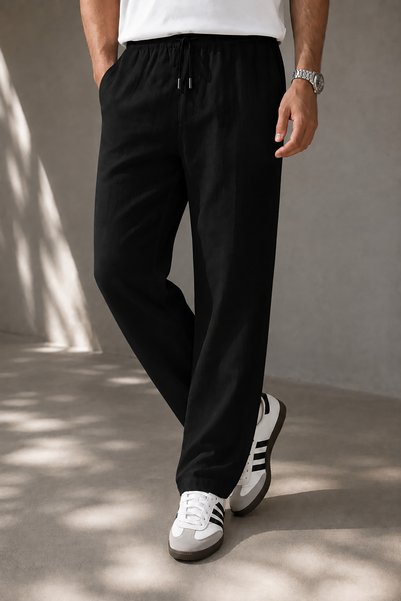 Bossago Men's Black Linen Trousers with Waist Tie