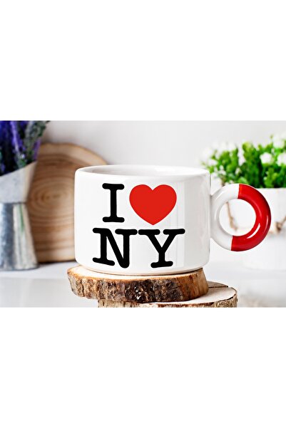 ART HEDİYE I Love New York Lux Nes Cafe Cup with Red Handles and Printed on B...