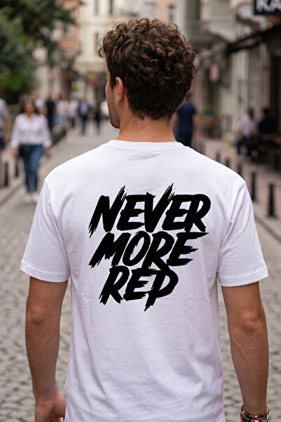 BAGAND تي شيرت Never More Red مطبوع كبير الحجم للجنسين مصنوع من القطن بنسبة 1...