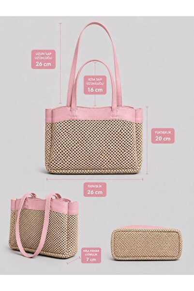 ValeriaBag Summer Time Plaj Çantası + Değerli Eşya Çantası Toz Pembe