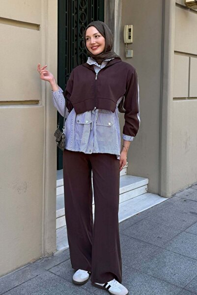Modaensarbutik Kapüşonlu Garnili Modal Pantolon Tesettür Takım-KAHVERENGİ