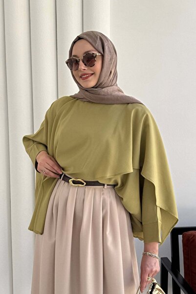 Modaensarbutik Omuz Düğmeli Şal Detaylı Asimetrik Tunik-YAĞ YEŞİLİ