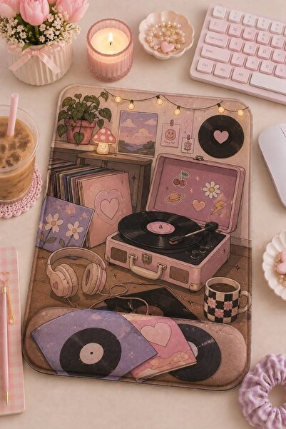 matizya Plak Çalar Desenli Bilek Destekli Mousepad – Retro Müzik Temalı Girly...