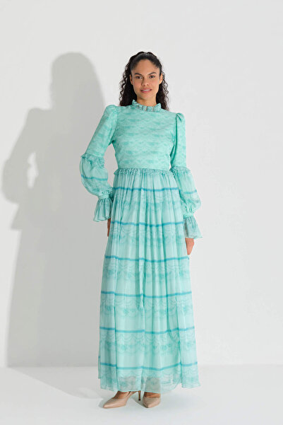 miha Hicran Önal Pano Desen Silk Chiffon Dress Mint