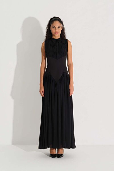 miha Hicran Önal Bel Formu Corset Embroidered Chiffon Crepe Dress Black