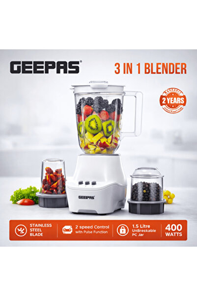 Geepas 3-in-1 Blender 400W with Grinder & 1.5L Unbreakable Jar