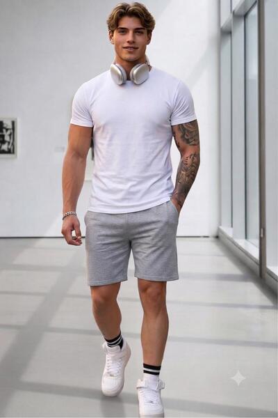 NO 601 Men's White Oval Slimfit Tshirt Gray Combed Cotton Shorts Plain Set