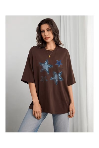ZİYMO Women's Star Printed Oversized T-Shirt