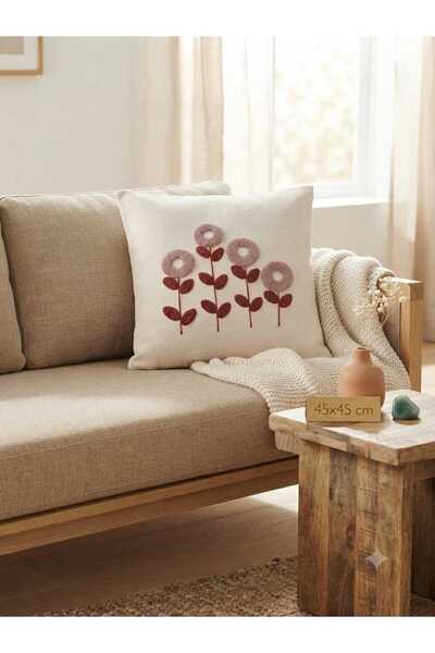 Punch İşlemeli Dekoratif Kırlent Kılıfı - 45*45cm - Pembe Çiçek Desenli