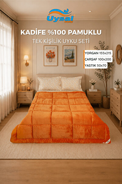 UYSAL KADİFE UYKU SETİ %100 PAMUKLU TURUNCU TEK