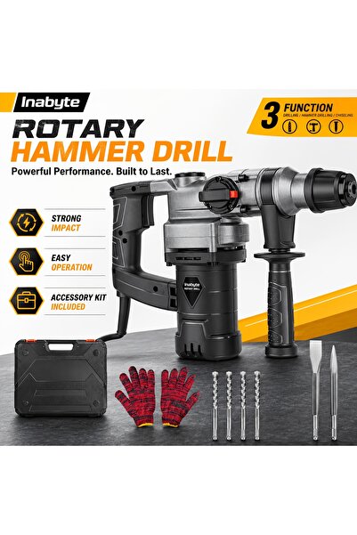 inabyte 1050W Rotary Hammer Drill, 3 Modes Adjustable Auxiliary Handle Heavy ...