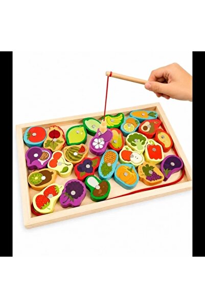 ETOY Joc educativ de pescuit magnetic cu fructe si legume din lemn, multicolo...