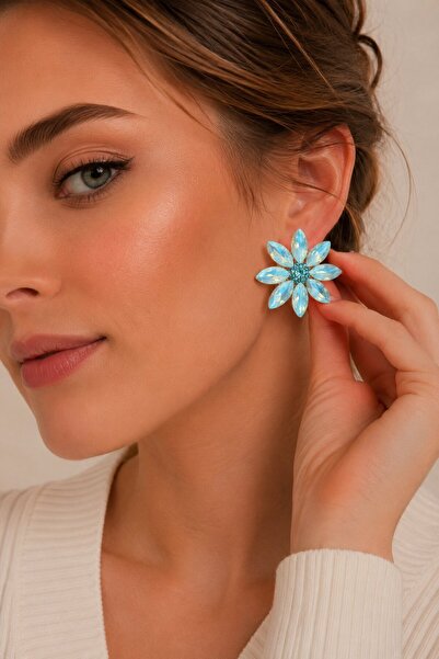 Clariss Ice Blue Color Crystal Stone Lotus Flower Model Women's Earrings