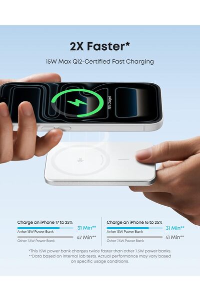 Anker بنك طاقة مغناطيسي نانو فائق النحافة بسعة 5000 مللي أمبير مع شحن سريع Qi2 15 واط/20 واط PD للآيفون