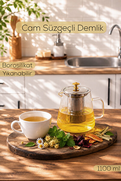 Porsima Isıya Dayanıklı 1100 Ml Süzgeçli Borasilikat Cam Demlik Çay-Bitki Çay...