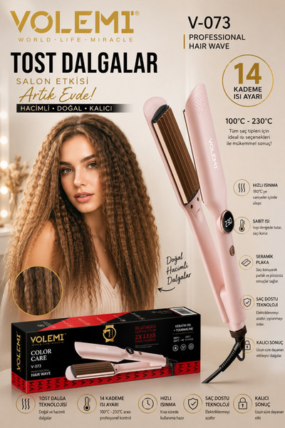 VOLEMİ Saç Tost Makinesi 14 Kademe Isı Ayarlı 100-230°C Seramik Plakalı Profesyonel Saç Dalgalandırıcı V-073