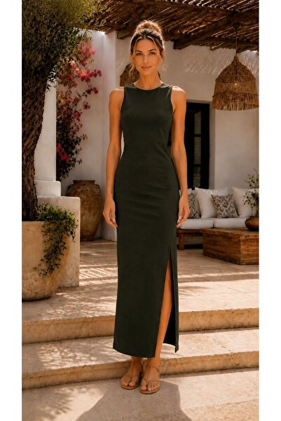 Maison La Femme Women's Khaki Slit Detailed Long Summer Dress