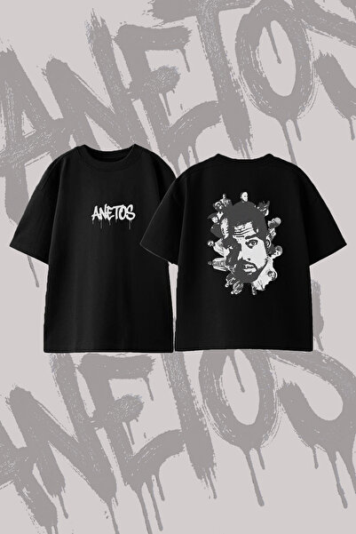 Anetos Kanye West_9 Design Printed Oversize Crew Neck T-Shirt Black