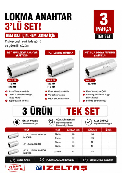 İzeltaş 1/2” 16mm 21 mm 3/8” 20.8 Üçlü (Lastikli) Buji Lokma Anahtar Seti Tak...