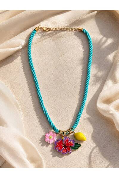 LioraJewellry Halat Limon ve Çiçek Charmlı Kolye Mavi