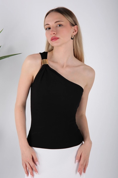 Veni Life Women's Ottoman Gold Accessory Detailed Sleeveless One-Shoulder Blouse