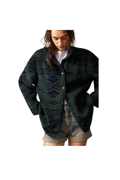 OEM Jacheta dama, casual, verde cu imprimeu boho, material pufos, XS