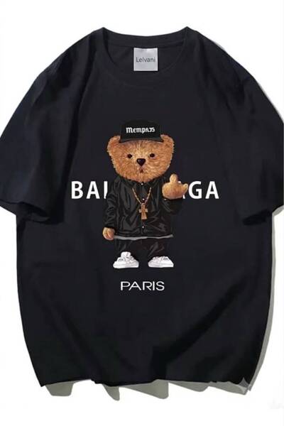 LELVANİ Unisex Black Set Paris Text Printed Crew Neck T-Shirt