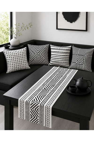 Bebişim Halı Black and White Geometric Runner and Set of 4 Throw Pillow Cover...