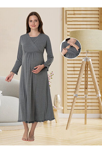 Effortt Dvina Maternity Breastfeeding Supported Long Sleeve Nightgown - Smoked