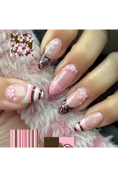 Choice Style 1 24Pcs Almond Shape False Nails Brown Stripes Pink Flowers Fake...
