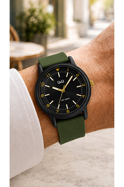 Q&Q Men's Khaki Silicone Cord Black Dial 10 Bar Wristwatch with 2 Year Warranty