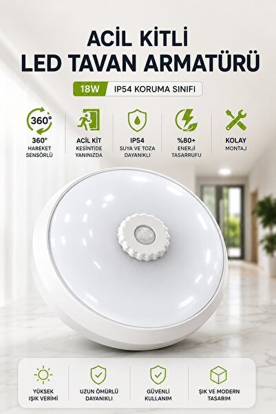 NZB Sensörlü Tavan Armatürü Acil Kitli 18W LED 360 Derece Hareket Sensörlü Ta...