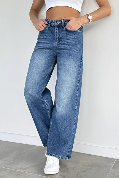 Aryena Dark Blue Women's High Waist Washed Palazzo Jean Denim Trousers