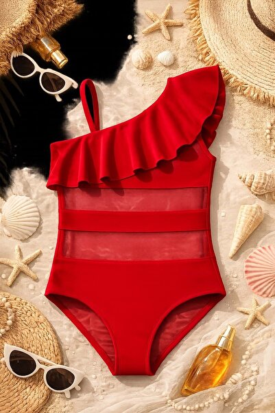 Lolliboomkids Girl's ruffle neck off-shoulder swimsuit with tulle ribbon detail