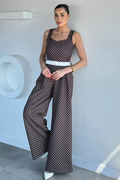 Aryena Brown Women's Polka Dot Belted Jumpsuit