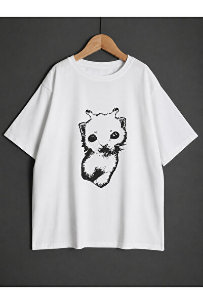 ZİYMO Unisex Y2K Alien Cat Printed Oversized T-Shirt