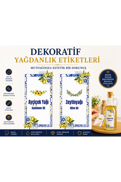 dijihane Mutfak Yağdanlık Etiketi 6,5 x 12 cm | Dekoratif Ayçiçek Yağı ve Zey...