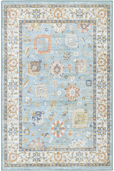 Cool Halı Happy Mavi Halı Vintage Çiçekli Kaymaz Taban Bohem Eskitme Salon Ot...