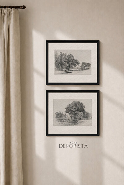 HOME DEKORİSTA Vintage çerçeveli CAMSIZ 2'li tablo seti, manzara tablo,çiçek ...