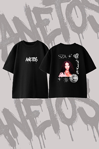 Anetos Sza_1 Design Printed Oversize Crew Neck T-Shirt Black