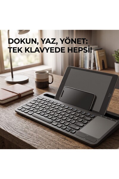 wiks Çok Fonksiyonlu Bluetooth Klavye ve Mouse Pad, Tablet Telefon Tutucu Yuv...