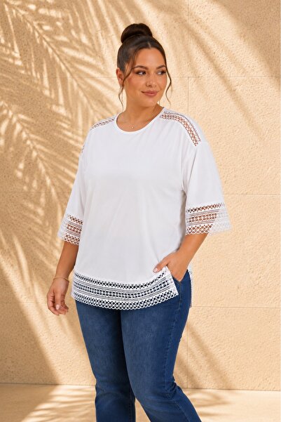 FOR ESRA BIG TREND Women's Plus Size Lace Detailed Low Sleeve Side Slit Stretchy Viscose Blouse