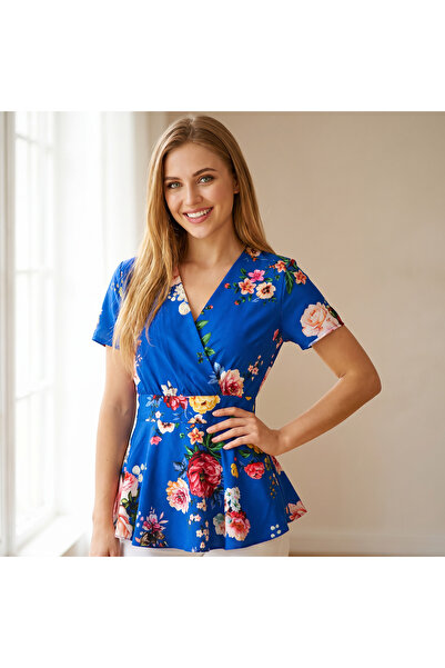 OEM Bluză elegantă de damă cu imprimeu floral și croială peplum, A-07